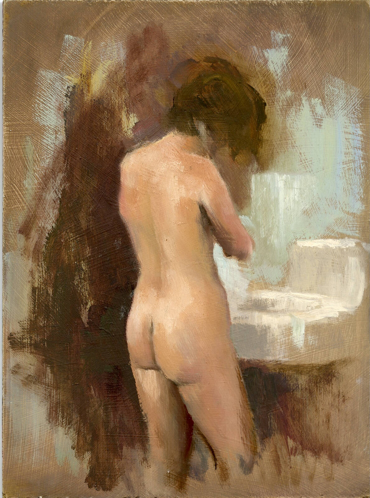 Painting of a woman facing a way from the view, standing nude, next to a bathroom sink.
